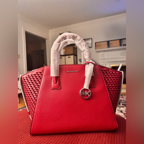 Michael Kors Raspberry Avril Leather Woven Satchel w/Crossbody strap NWT - Picture 1 of 6